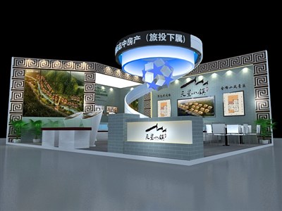 66平米展臺設計制作：二面開口/中式/木質(zhì)結構/灰色，為房產(chǎn)展展商而作（免費使用）