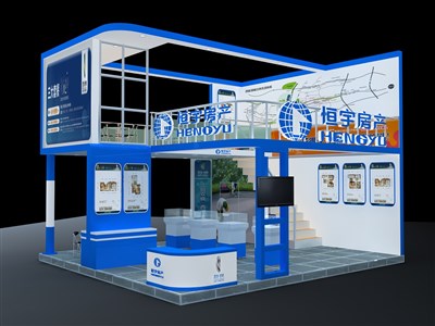 56平米展臺設(shè)計制作：三面開口/前衛(wèi)/雙層結(jié)構(gòu)/藍(lán)色，為房產(chǎn)展展商而作（免費使用）