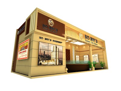 40平米展臺設(shè)計(jì)制作：一面開口/歐式/木質(zhì)結(jié)構(gòu)/米色，為房產(chǎn)展展商而作（免費(fèi)使用）