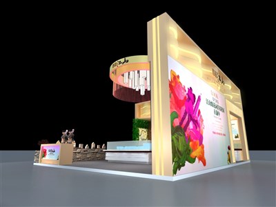 48平米展臺設(shè)計制作：二面開口/前衛(wèi)/木質(zhì)結(jié)構(gòu)/米色，為房產(chǎn)展展商而作（免費使用）