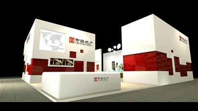100平米展臺(tái)設(shè)計(jì)制作：二面開(kāi)口/現(xiàn)代/木質(zhì)結(jié)構(gòu)/紅色，為房產(chǎn)展展商而作（免費(fèi)使用）