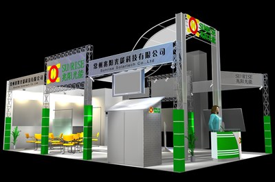54平米展臺設(shè)計制作：三面開口/現(xiàn)代/型材結(jié)構(gòu)/綠色，為能源展展商而作（免費使用）
