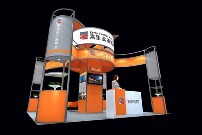 36平米展臺設(shè)計制作：四面開口/現(xiàn)代/型材結(jié)構(gòu)/橙色，為交通物流展展商而作（免費使用）