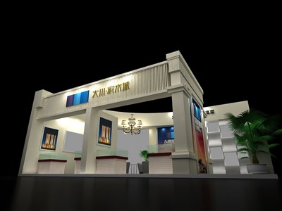 80平米展臺設(shè)計(jì)制作：二面開口/歐式/型材結(jié)構(gòu)/灰色，為房產(chǎn)展展商而作（免費(fèi)使用）