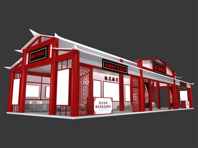 90平米展臺(tái)設(shè)計(jì)制作：三面開口/中式/木質(zhì)結(jié)構(gòu)/紅色，為房產(chǎn)展展商而作（免費(fèi)使用）