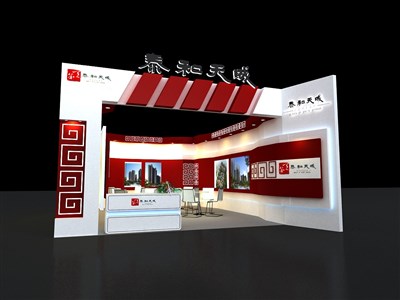 42平米展臺設(shè)計制作：二面開口/中式/木質(zhì)結(jié)構(gòu)/紅色，為房產(chǎn)展展商而作（免費使用）