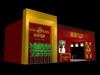 40平米展臺設(shè)計制作：二面開口/中式/木質(zhì)結(jié)構(gòu)/紅色，為房產(chǎn)展展商而作（免費使用）