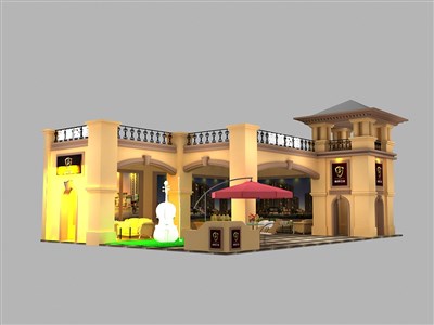 50平米展臺設(shè)計制作：二面開口/歐式/木質(zhì)結(jié)構(gòu)/咖啡色，為房產(chǎn)展展商而作（免費(fèi)使用）