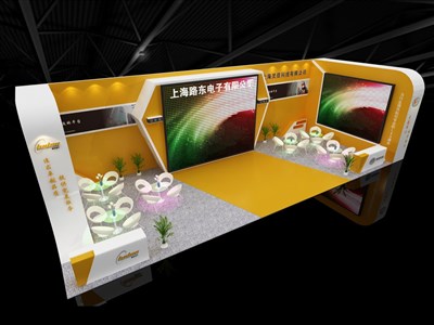 96平米展臺設計制作：一面開口/現(xiàn)代/木質結構/黃色，為電子展展商而作（免費使用）