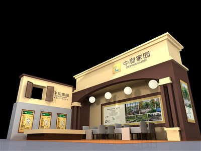 88平米展臺設計制作：二面開口/歐式/木質結構/咖啡色，為房產(chǎn)展展商而作（免費使用）
