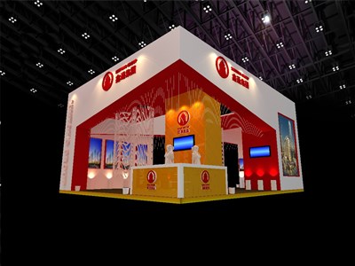 48平米展臺(tái)設(shè)計(jì)制作：三面開口/中式/木質(zhì)結(jié)構(gòu)/紅色，為房產(chǎn)展展商而作（免費(fèi)使用）