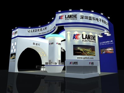 54平米展臺設(shè)計制作：三面開口/現(xiàn)代/型材結(jié)構(gòu)/藍(lán)色，為電子展展商而作（免費使用）