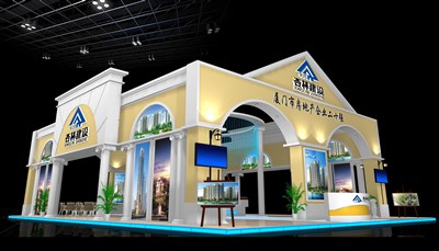 187平米展臺設計制作：四面開口/歐式/木質(zhì)結構/米色，為房產(chǎn)展展商而作（免費使用）