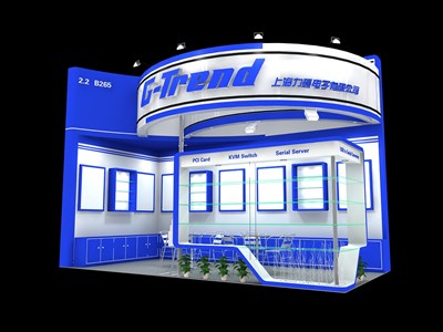 18平米展臺設(shè)計(jì)制作：二面開口/前衛(wèi)/型材結(jié)構(gòu)/藍(lán)色，為電子展展商而作（免費(fèi)使用）