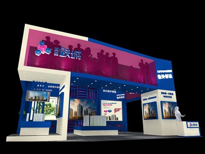 54平米展臺設(shè)計制作：二面開口/現(xiàn)代/型材結(jié)構(gòu)/藍(lán)色，為房產(chǎn)展展商而作（免費使用）