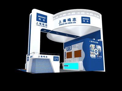 36平米展臺(tái)設(shè)計(jì)制作：三面開(kāi)口/現(xiàn)代/型材結(jié)構(gòu)/藍(lán)色，為電子展展商而作（免費(fèi)使用）