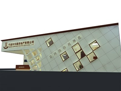 78平米展臺(tái)設(shè)計(jì)制作：二面開口/歐式/木質(zhì)結(jié)構(gòu)/米色，為房產(chǎn)展展商而作（免費(fèi)使用）