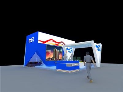 56平米展臺(tái)設(shè)計(jì)制作：三面開口/前衛(wèi)/型材結(jié)構(gòu)/藍(lán)色，為房產(chǎn)展展商而作（免費(fèi)使用）