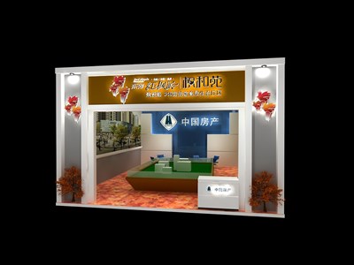 56平米展臺設(shè)計制作：一面開口/歐式/木質(zhì)結(jié)構(gòu)/灰色，為房產(chǎn)展展商而作（免費使用）