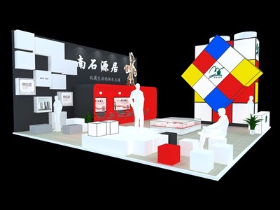 90平米展臺設(shè)計(jì)制作：三面開口/前衛(wèi)/型材結(jié)構(gòu)/彩色，為房產(chǎn)展展商而作（免費(fèi)使用）