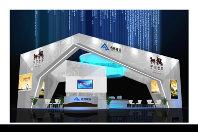 80平米展臺設計制作：四面開口/現(xiàn)代/型材結構/灰色，為房產(chǎn)展展商而作（免費使用）