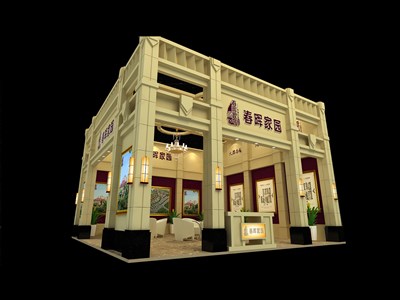 110平米展臺(tái)設(shè)計(jì)制作：二面開(kāi)口/歐式/木質(zhì)結(jié)構(gòu)/米色，為房產(chǎn)展展商而作（免費(fèi)使用）