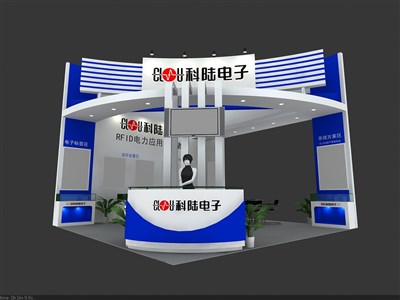 54平米展臺設(shè)計制作：三面開口/現(xiàn)代/型材結(jié)構(gòu)/藍(lán)色，為電子展展商而作（免費使用）