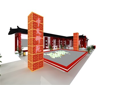 189平米展臺設計制作：四面開口/中式/木質(zhì)結構/紅色，為房產(chǎn)展展商而作（免費使用）