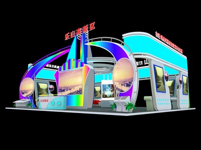 154平米展臺設計制作：四面開口/前衛(wèi)/型材結(jié)構(gòu)/彩色，為旅游展展商而作（免費使用）