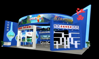 114平米展臺設計制作：三面開口/前衛(wèi)/木質結構/藍色，為旅游展展商而作（免費使用）