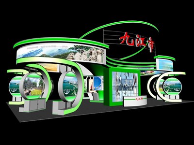 198平米展臺設(shè)計制作：四面開口/前衛(wèi)/型材結(jié)構(gòu)/綠色，為旅游展展商而作（免費使用）