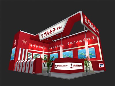 54平米展臺設(shè)計(jì)制作：二面開口/現(xiàn)代/木質(zhì)結(jié)構(gòu)/紅色，為旅游展展商而作（免費(fèi)使用）