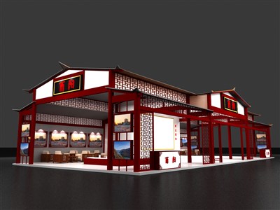 220平米展臺(tái)設(shè)計(jì)制作：三面開(kāi)口/中式/木質(zhì)結(jié)構(gòu)/紅色，為旅游展展商而作（免費(fèi)使用）