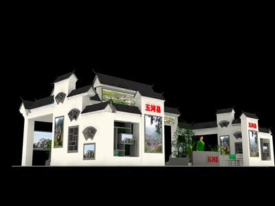 127.5平米展臺設(shè)計(jì)制作：四面開口/中式/木質(zhì)結(jié)構(gòu)/米色，為旅游展展商而作（免費(fèi)使用）