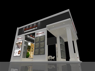56平米展臺設(shè)計制作：三面開口/歐式/木質(zhì)結(jié)構(gòu)/灰色，為建材展展商而作（免費使用）
