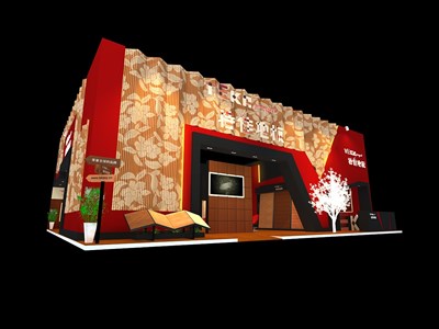 240平米展臺設(shè)計制作：三面開口/現(xiàn)代/木質(zhì)結(jié)構(gòu)/紅色，為建材展展商而作（免費(fèi)使用）