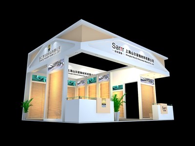 48平米展臺設計制作：三面開口/歐式/木質結構/米色，為建材展展商而作（免費使用）