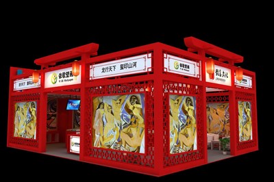 108平米展臺(tái)設(shè)計(jì)制作：二面開口/中式/木質(zhì)結(jié)構(gòu)/紅色，為建材展展商而作（免費(fèi)使用）
