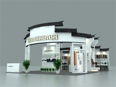 100平米展臺(tái)設(shè)計(jì)制作：三面開(kāi)口/中式/木質(zhì)結(jié)構(gòu)/白色，為建材展展商而作（免費(fèi)使用）
