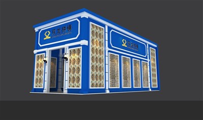 60平米展臺(tái)設(shè)計(jì)制作：二面開口/歐式/木質(zhì)結(jié)構(gòu)/藍(lán)色，為建材展展商而作（免費(fèi)使用）