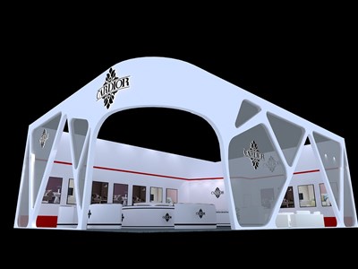 117平米展臺設計制作：二面開口/前衛(wèi)/型材結(jié)構(gòu)/白色，為建材展展商而作（免費使用）