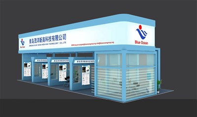 90平米展臺設計制作：三面開口/現代/木質結構/藍色，為建材展展商而作（免費使用）
