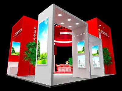 36平米展臺(tái)設(shè)計(jì)制作：三面開口/現(xiàn)代/木質(zhì)結(jié)構(gòu)/紅色，為綜合展展商而作（免費(fèi)使用）
