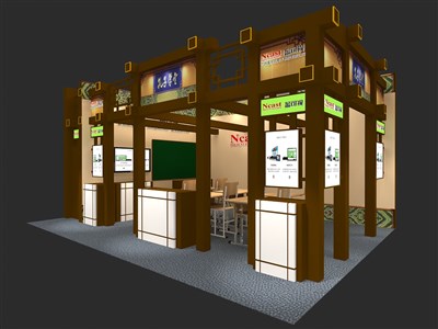 48平米展臺設(shè)計(jì)制作：二面開口/中式/木質(zhì)結(jié)構(gòu)/咖啡色，為建材展展商而作（免費(fèi)使用）
