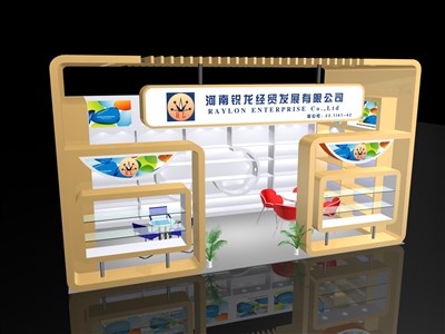 18平米展臺設(shè)計(jì)制作：一面開口/現(xiàn)代/木質(zhì)結(jié)構(gòu)/黃色，為綜合展展商而作（免費(fèi)使用）