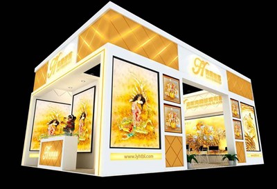 54平米展臺(tái)設(shè)計(jì)制作：二面開口/現(xiàn)代/木質(zhì)結(jié)構(gòu)/黃色，為建材展展商而作（免費(fèi)使用）