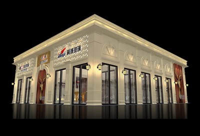 162平米展臺設(shè)計制作：二面開口/現(xiàn)代/型材結(jié)構(gòu)/灰色，為建材展展商而作（免費使用）