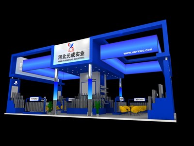120平米展臺設(shè)計制作：四面開口/現(xiàn)代/木質(zhì)結(jié)構(gòu)/藍(lán)色，為建材展展商而作（免費使用）