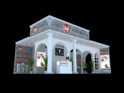 54平米展臺設(shè)計制作：三面開口/歐式/木質(zhì)結(jié)構(gòu)/灰色，為建材展展商而作（免費使用）