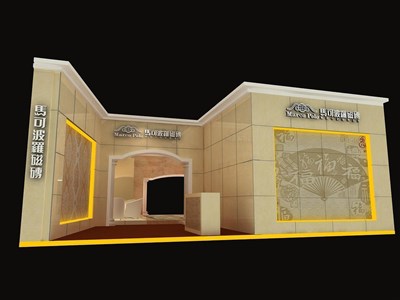 140平米展臺設計制作：一面開口/現代/木質結構/米色，為建材展展商而作（免費使用）